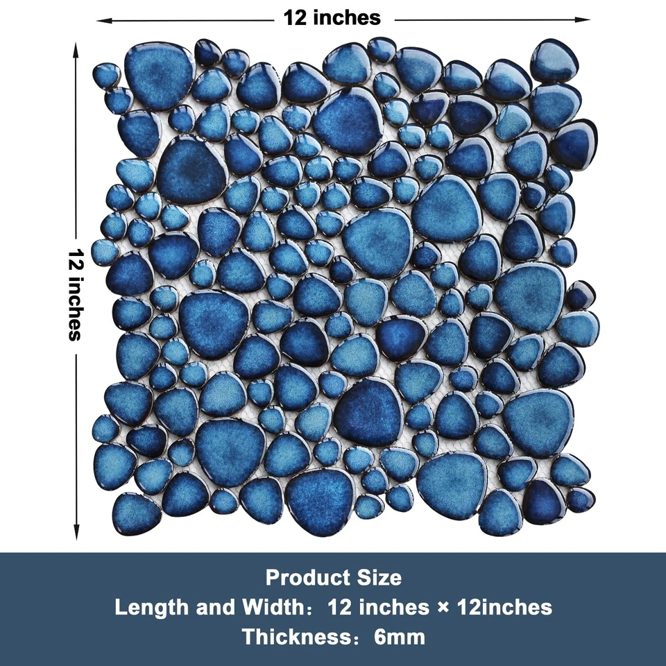Azulejo de guijarros de porcelana 5 hojas para piso de ducha, azulejo de mosaico de guijarros azules esmaltados Foto 3 de 4
