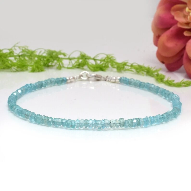 Pulseiras de pedra preciosa Rondelle facetadas azul água-marinha 6-8"" - Imagem 4 de 4