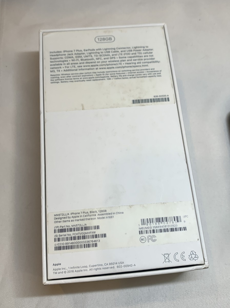 Apple iPhone 7 Plus EMPTY RETAIL BOX ONLY/NO PHONE - Black 128 Gb
