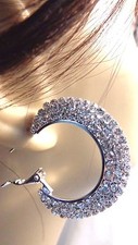 CRYSTAL RHINESTONE HOOP EARRINGS 2 INCH HOOPS TRIPLE PAVED CRYSTAL SILVER TONE