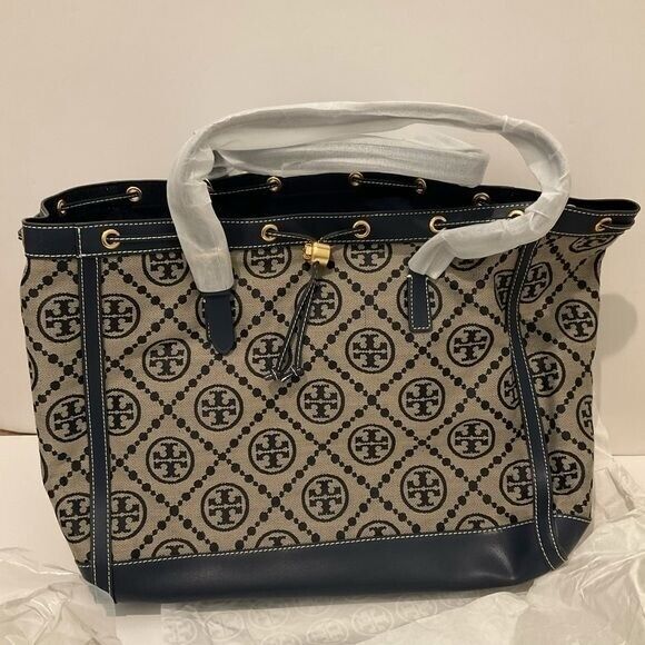 NWOT/B Tory Burch T Monogram Tote , Navy Blue Coated Canvas / Leather