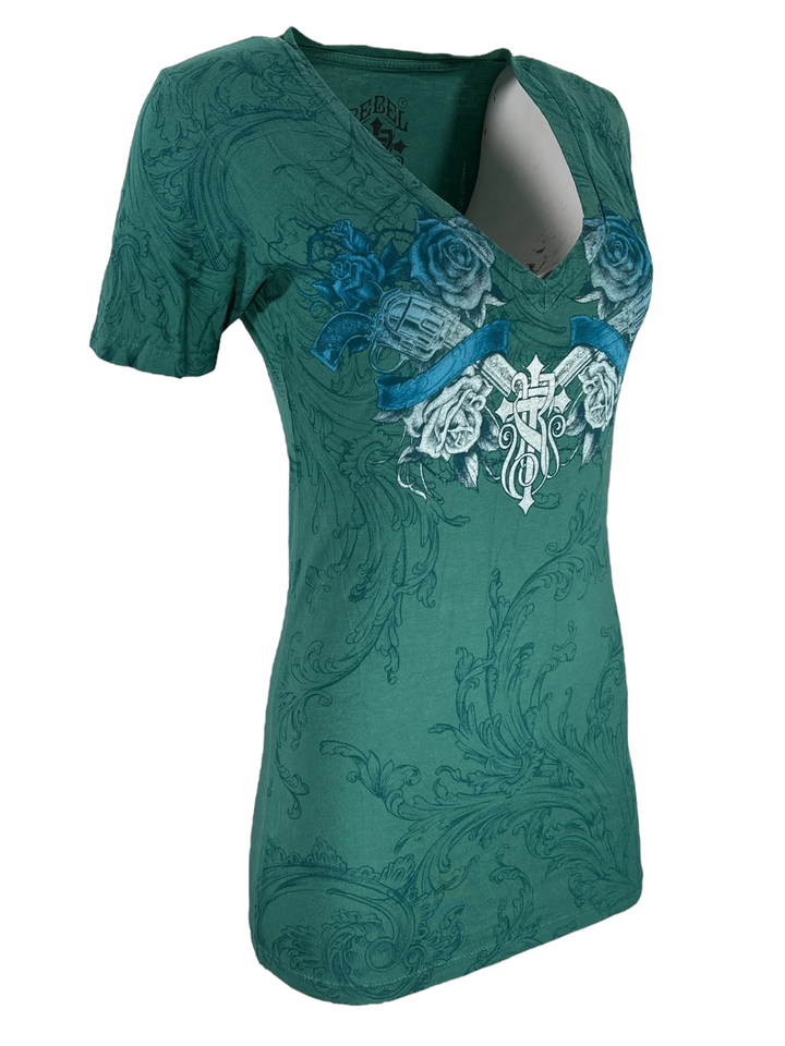 T-shirt Donna Rebel Saint By Affliction Garage Tatuaggio Biker - Foto 13