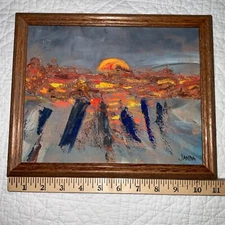 VINTAGE abstract original hand painted PAINTING blues gold sunset small by Janda