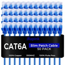 50 Pack Blue Cat6a Slim Ethernet Patch Cables 3 Ft