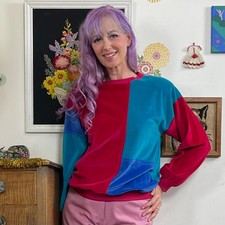 Vintage Velour Sweatshirt, 1980s Pink, Teal, and Blue Crewneck Top, Size S