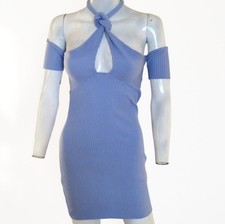 ZARA Dress Women Small Blue Halter Neck Ribbed Knot Detail Off The Shoulders