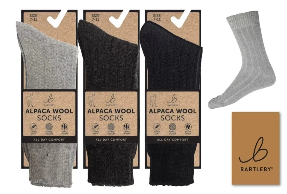Bartleby Mens Alpaca Wool Socks Black, Grey or Blue Size 7-11 (1 pair)