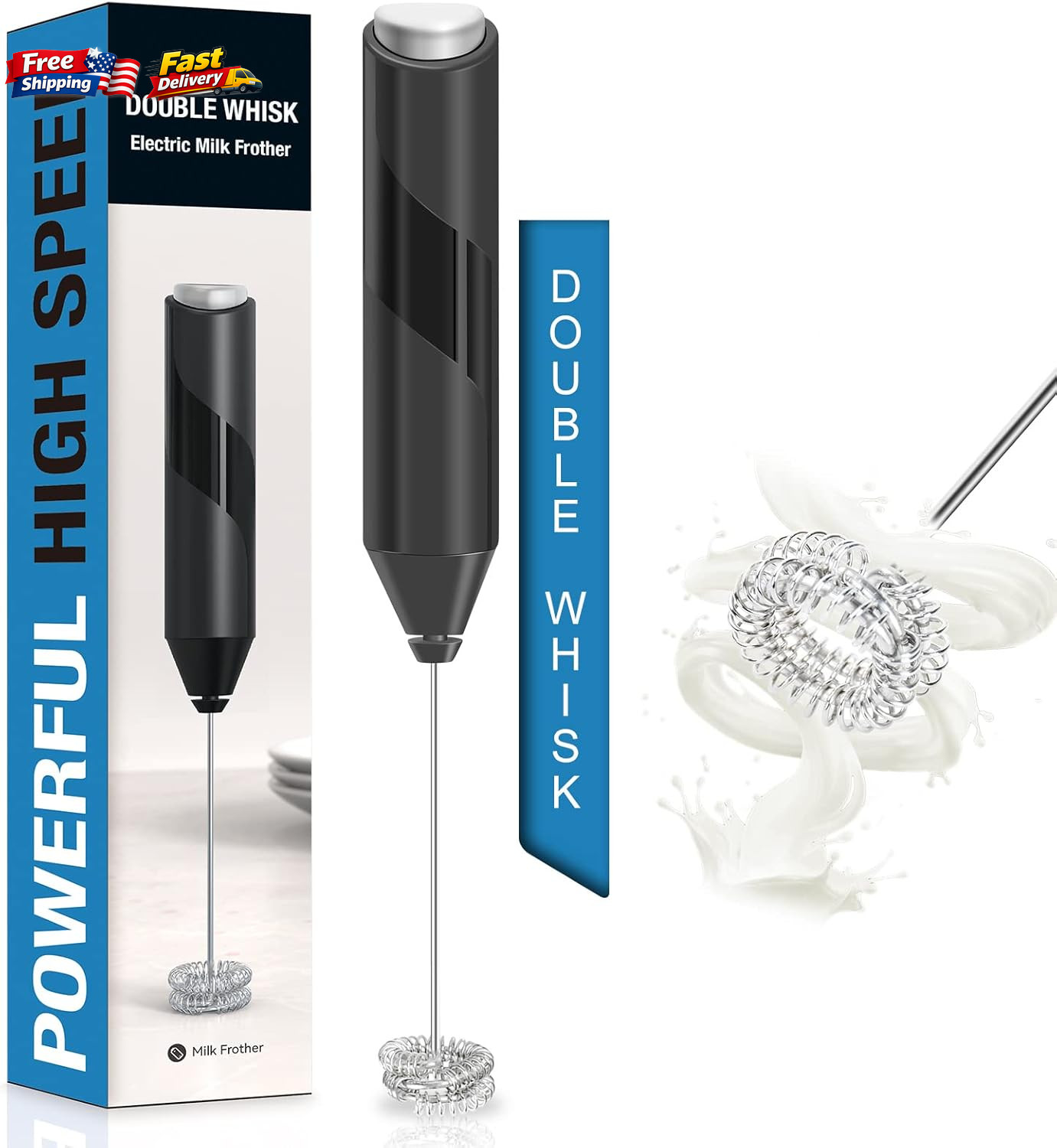 Double Whisk Milk Frother Handheld Electric Blender Stick fo