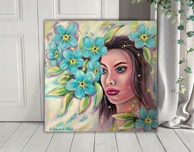 FORGET-ME-NOT, Kunst Bild Blumen Frau Portrait gemalt Deko    Christiane Schwarz