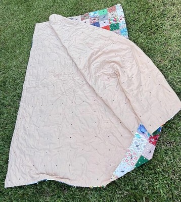 Vintage Handmade Patchwork Tied Quilt Blanket Multicolor 79x95