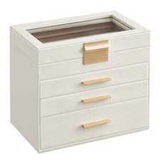 SONGMICS JEWELRY BOX WITH GLASS LID, 4-LAYER JEWELRY ORGANIZER, 3 DRAWERS , GOLD