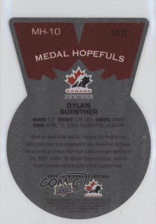 2022 Team Canada Juniors Medal Hopefuls Red /22 Dylan Guenther #MH-10 Rookie RC - Image 2 of 2