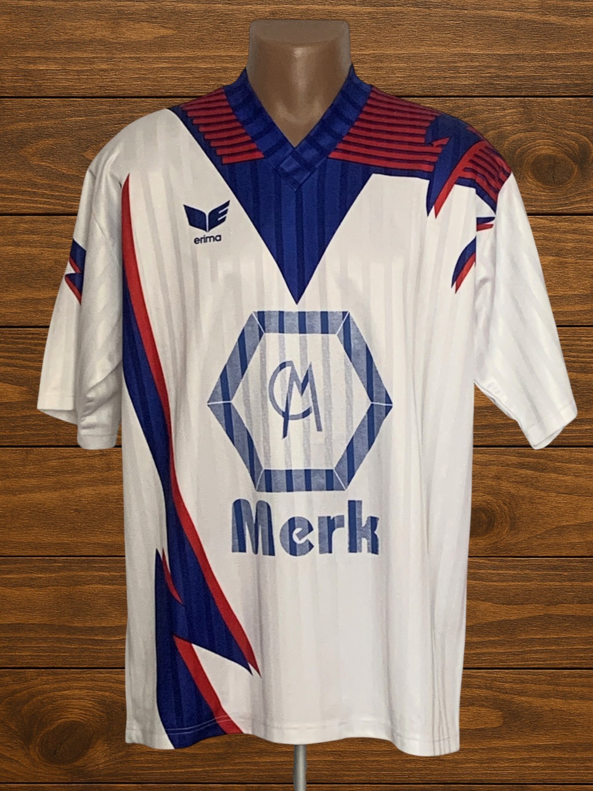 Vintage Erima Merk Soccer Jersey Mens Size L White Blue Red Shirt