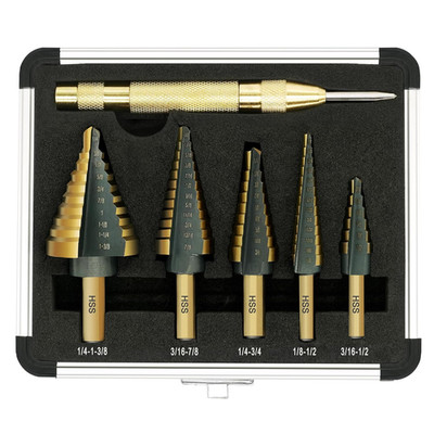 Step Drill Bit Set - Black and Gold, 6 Pcs High Speed Steel Unibit Drill Bits, S