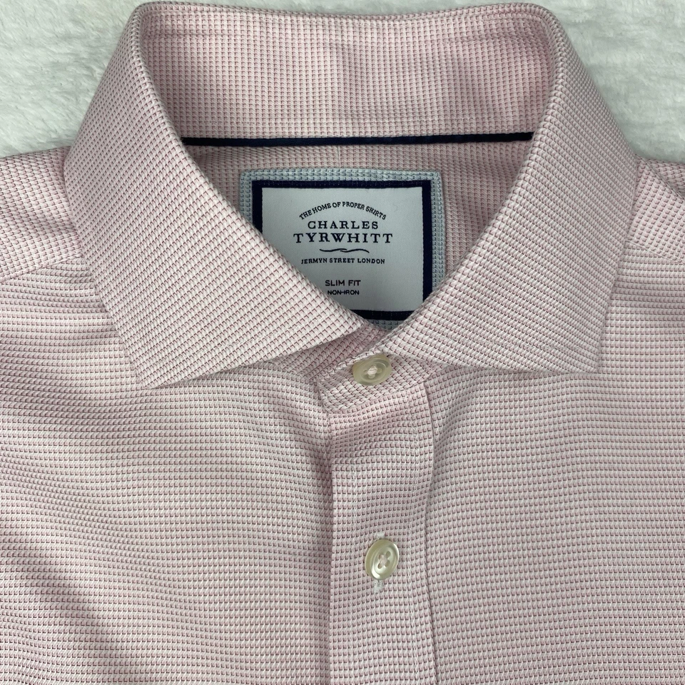 Camisa de vestir Charles Tyrwhitt para hombre 15,5-33 rosa geométrica calce ajustado sin hierro Foto 3 de 4