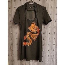 FASHION NOVA Bodycon Mini Dress Womens XL Black Orange PUFF OF THE DRAGON FLAWED