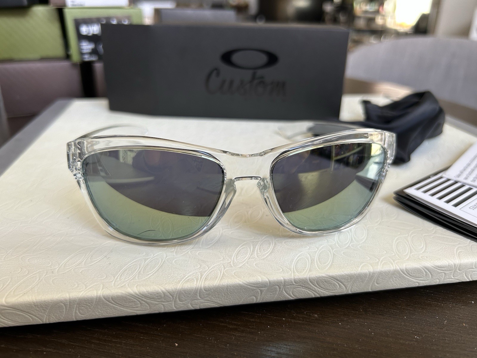 NEW Oakley Custom Jupiter Clear with green logo / Emerald Iridium image 4