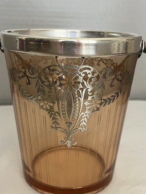 VTG Peach/Blush Glass Ice Bucket with Silver Overlay & handle unknown maker