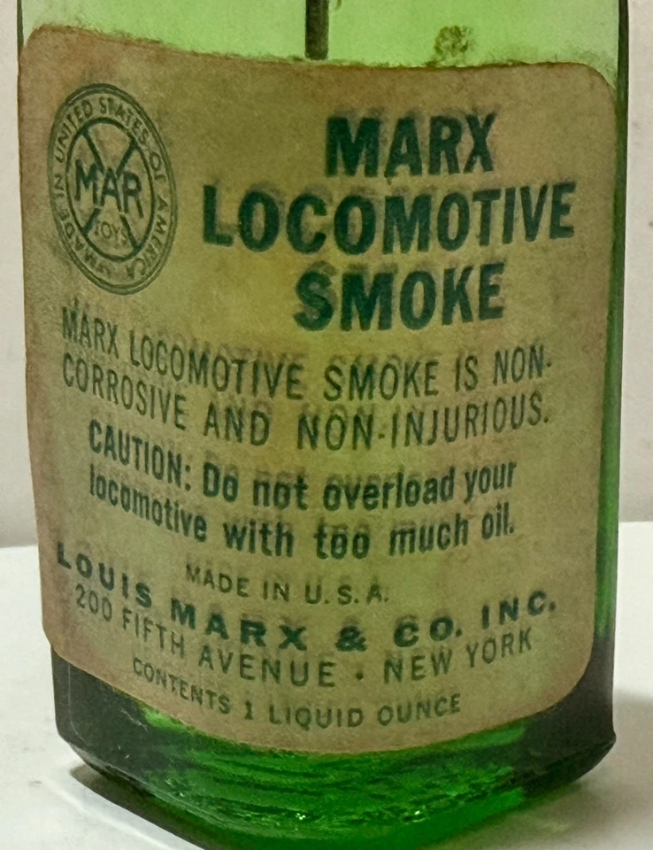 1950's Marx Locomotive Smoke Fluid Bottle Green Glass Model Railroad 75% full - Image 2 of 4