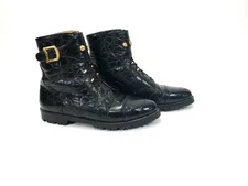 Mauri Black Alligator Lace Up Buckle Ankle Strap Boots Gold Hardware Italy 9M