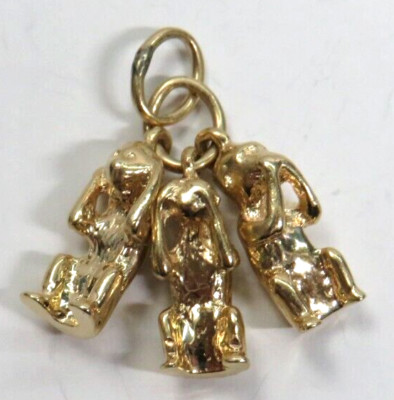     Wunderschöner 14K Gelbgold Anhänger Charm Drei Weise Affen sehen nichts Böses