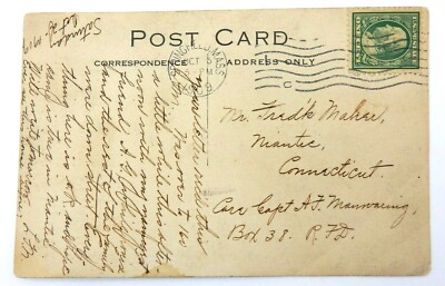 VINTAGE SPRINGFIELD MASS PHOTO POSTCARD & ONE CENT FRANKLIN STAMP, 1909 POSTMARK