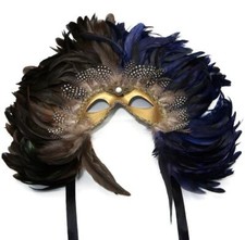 Mardi Gras 1/2 Blue 1/2 Brown Feathered Masquerade Venetian Eye Mask, 16" x 13"
