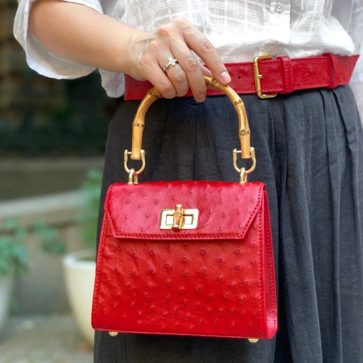 Ensemble sac à main et ceinture femme VÉRITABLE cuir d'autruche sac bandoulière poignée en bambou
