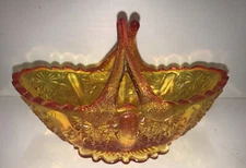 FENTON Art Glass BASKET Amberina DAISY and BUTTON Split Twig Handle