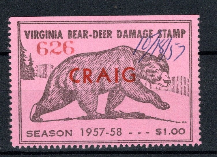 Damage Stamp US Duck stamps- Virginia- Bear-Deer Damage stamp 1957-1958 (E567) | eBay
