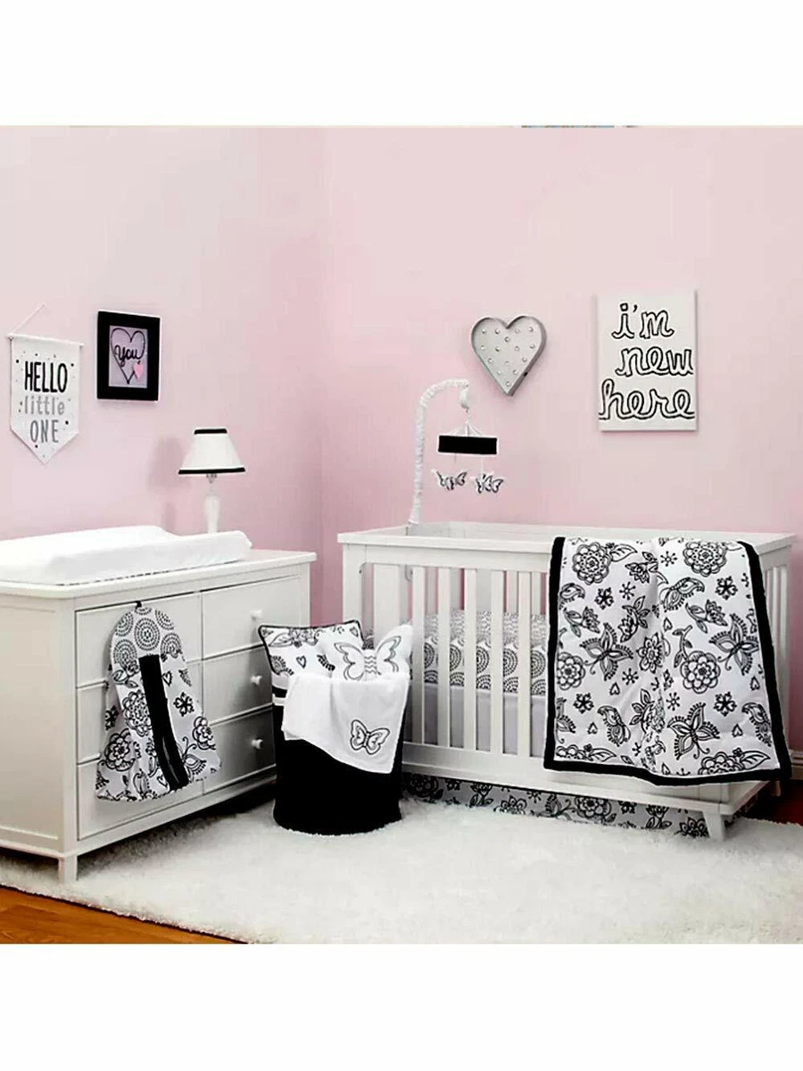 Black White Flower Floral Butterfly 8pc Crib Bedding Set Baby Girl