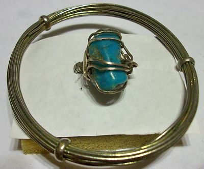 Handmade (Set) Wire Caged Chunky Turquoise Stone Ring Multi-Wire