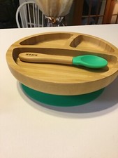 NEW Take BAMBOO Baby Infant Plate with Silicone Suction Green Base Spoon Set