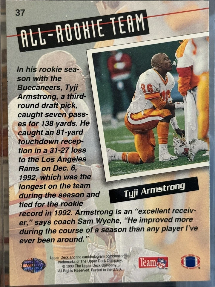 1993 Upper Deck Football Tyji Armstrong #37  All-Rookie Team Signed AUTO CARD - Image 2 of 2
