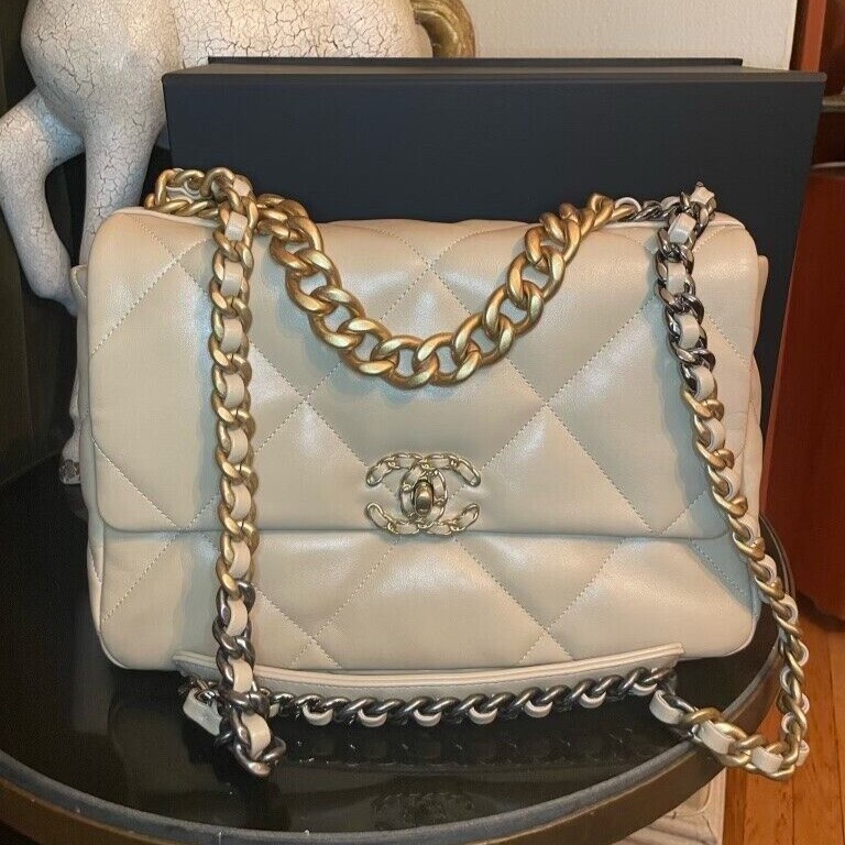 Chanel 19 Large Flap Bag Quilted Leather in Beige