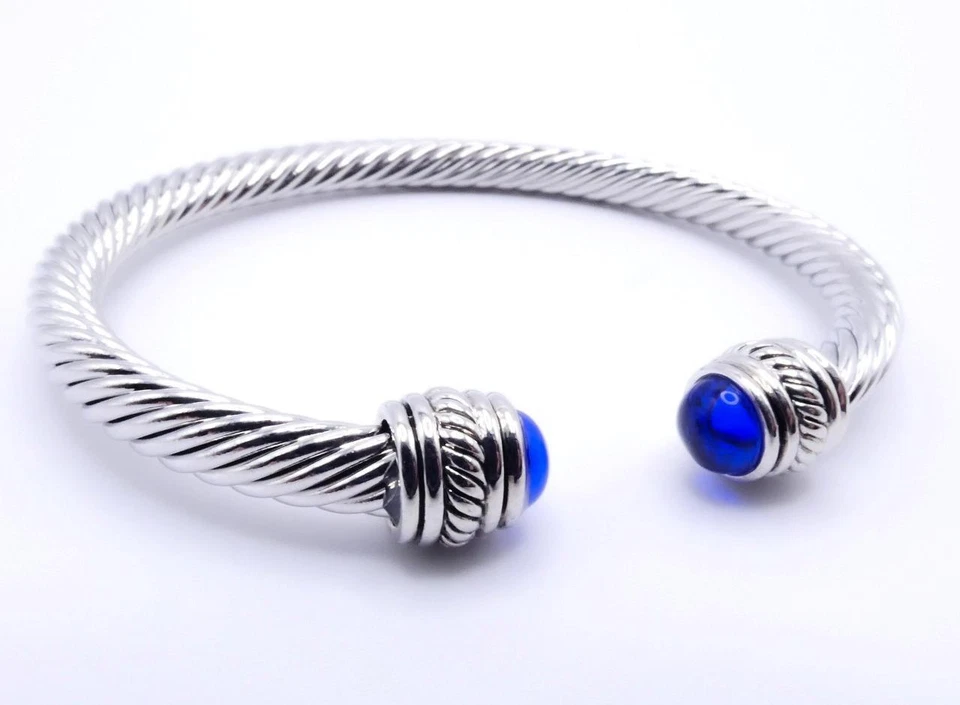 ШИКАРНЫЙ посеребренный королевский синий бусина конец наконечники скручивающийся кабель манжеты браслет - Изображение 4 из 4