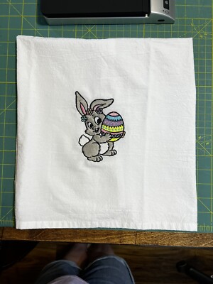 Embroidered Kitchen flour sack dish towel with Bunny with Egg
