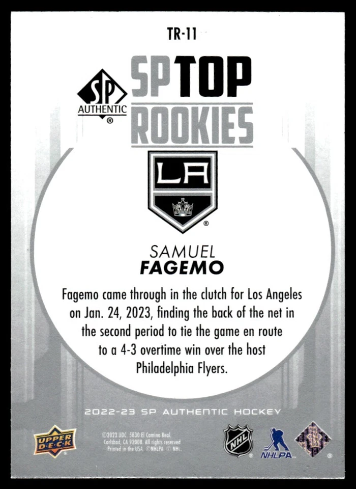 2022-23 SP Authentic Top Rookies Samuel Fagemo Los Angeles Kings #TR-11 - Image 2 of 2
