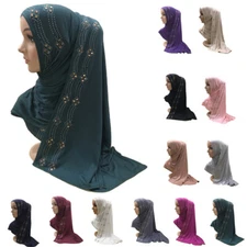 Women Rhinestone Prayer Long Scarf Hijab Muslim Head Wrap Shawl Amira Turban