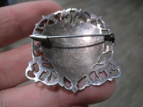 etched 40's Siam Nielloware Thai Hindu Goddess sterling silver heart broach pi n - Picture 5 of 7