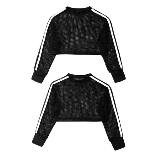 Kids Mesh Hip Hop Crop Top Jazz Girls Holiday Wear Long Sleeve Pullover Tee - Picture 12 of 33