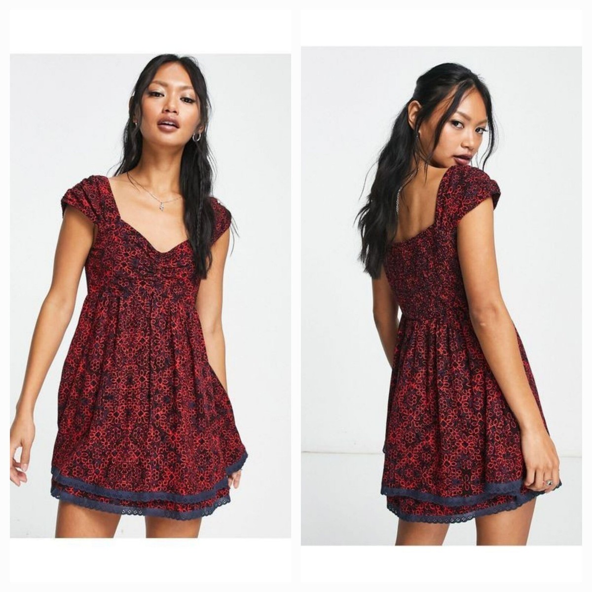 free people tabitha mini dress Free People Tabitha Mini Babydoll Boho Dress Cap Sleeve Floral Red Size M