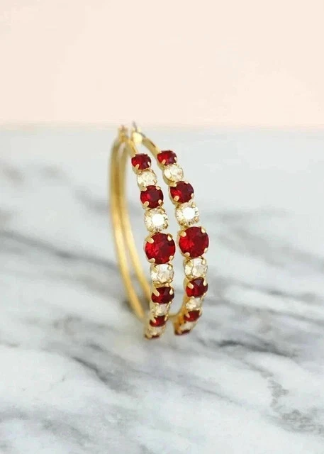2Ct Round Cut Lab Created Red Ruby Women's Hoop Earrings 14K Yellow Gold Plated - Image 3 of 3