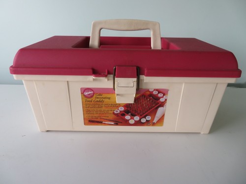 1998 Wilton Cake Decorating Tool Caddy w/27 Tips, Couplers, Bags, Sugars, More