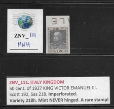 ZNV_111. ITALY KINGDOM. Variety 50 cent. 1927 KING VE III. Sc. 192. MNH.