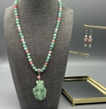 Artisan Fish Jade Pendant Amazonite And Jade Beaded Necklace Set