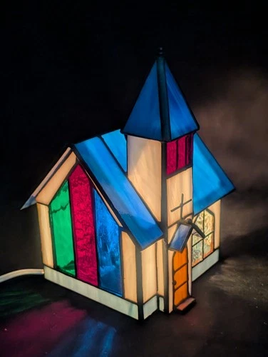 Vtg 3D Tiffany Style Stained Glass Church NIGHT LIGHT LAMP & MUSIC BOX Chapel