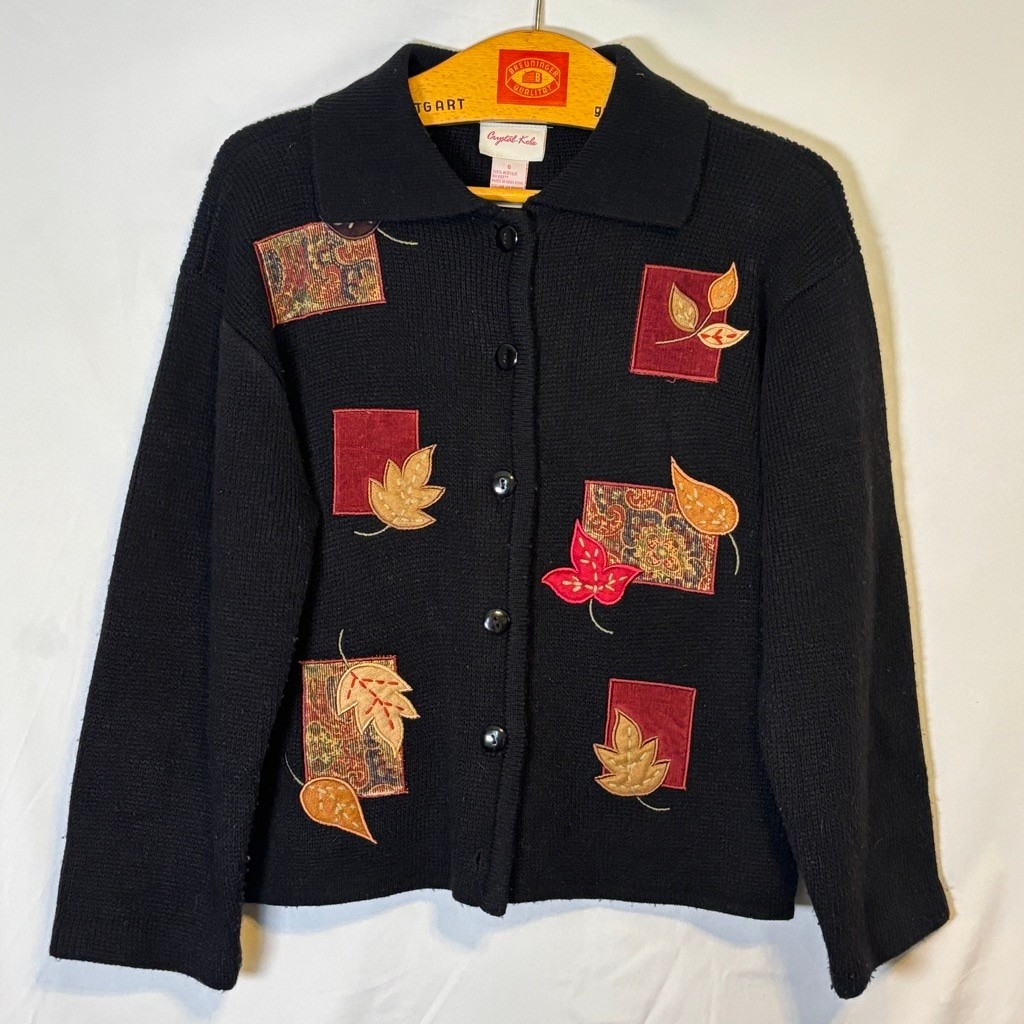 Crystal-Kobe Vtg Black Cardigan Jacket Leaf Applique Art Knit Cottagecore Size S