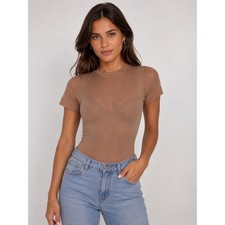 Sheer Mesh Short Sleeve Bodysuit Tan Mocha Crew Neck Thong Snap Closure Small