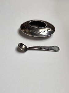 Vintage Navajo Pawn Native American Sterling Silver Salt Cellar W Spoon 